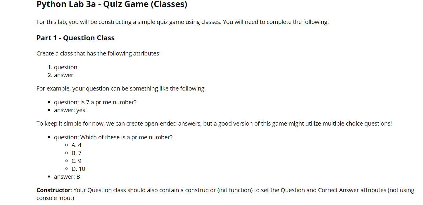 Solved For this lab, you will be constructing a simple quiz | Chegg.com