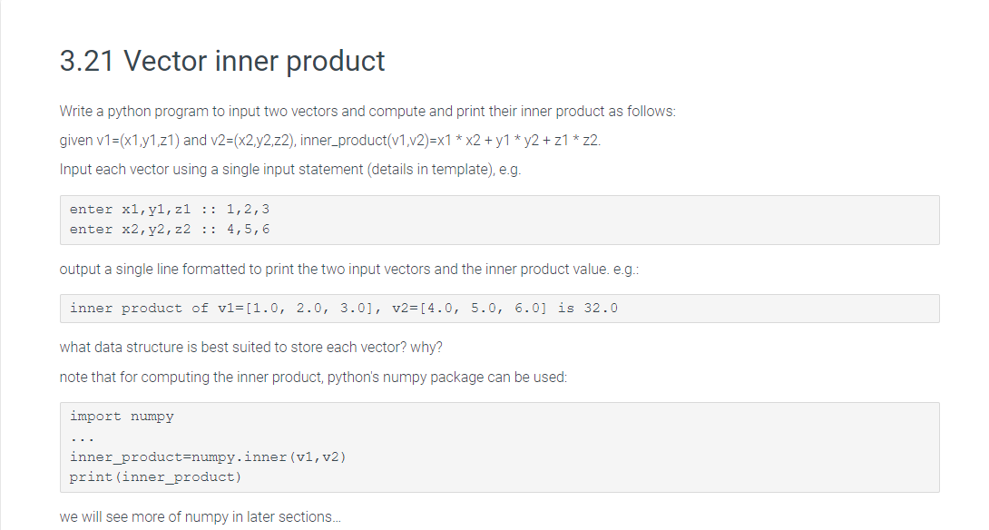 Solved 3.21 Vector inner product Write a python program to | Chegg.com