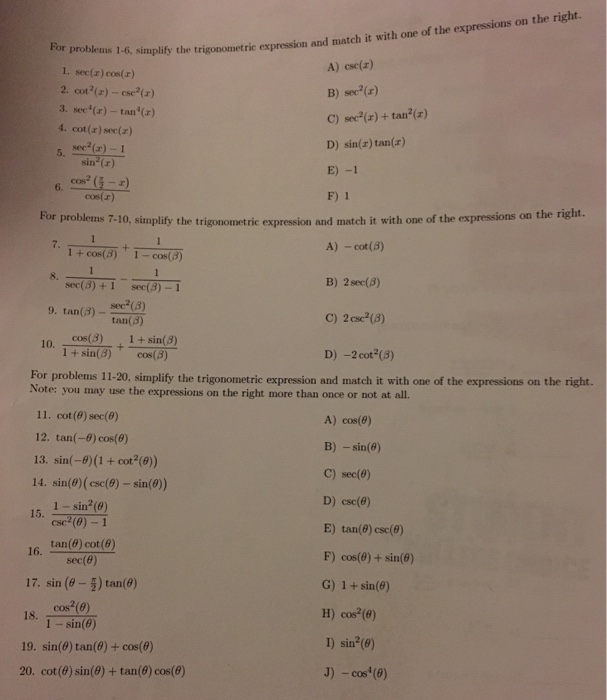 Solved For problems 1-6, simplify the trigonometric | Chegg.com
