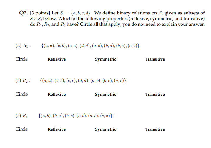 Solved Q2. [3 points] Let S = {a,b,c,d). We define binary | Chegg.com