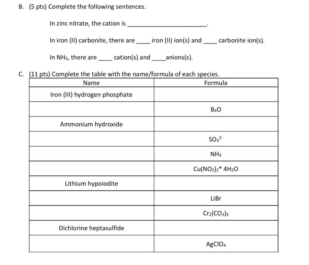 Solved B. (5 pts) Complete the following sentences. In zinc