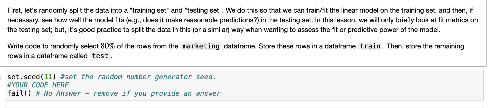 Solved First, let's randomly split the data into a "training | Chegg.com