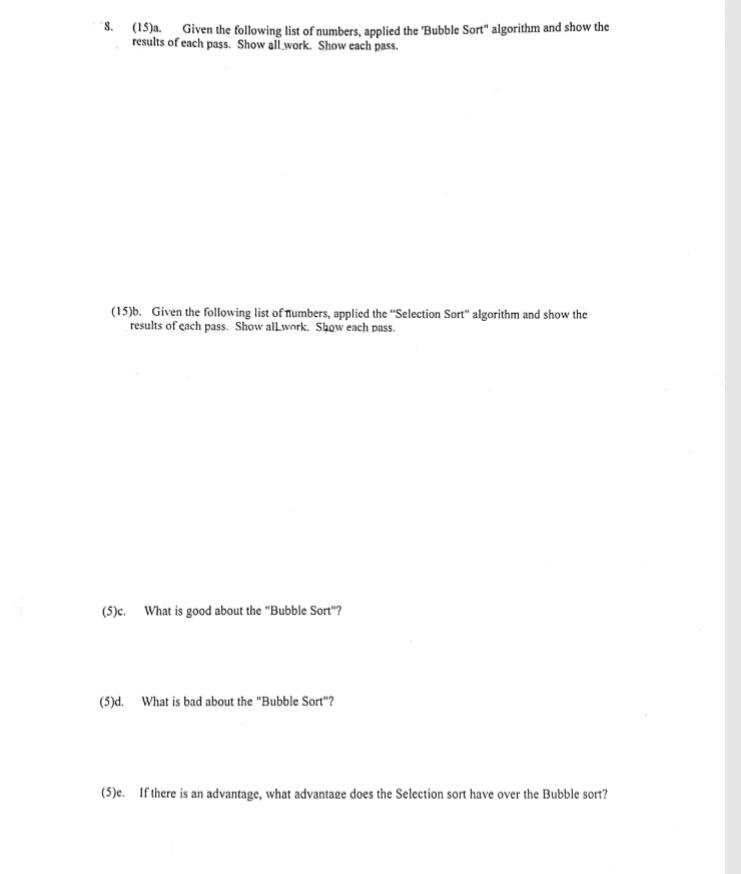 Solved 8. (15)a. Given the following list of numbers, | Chegg.com