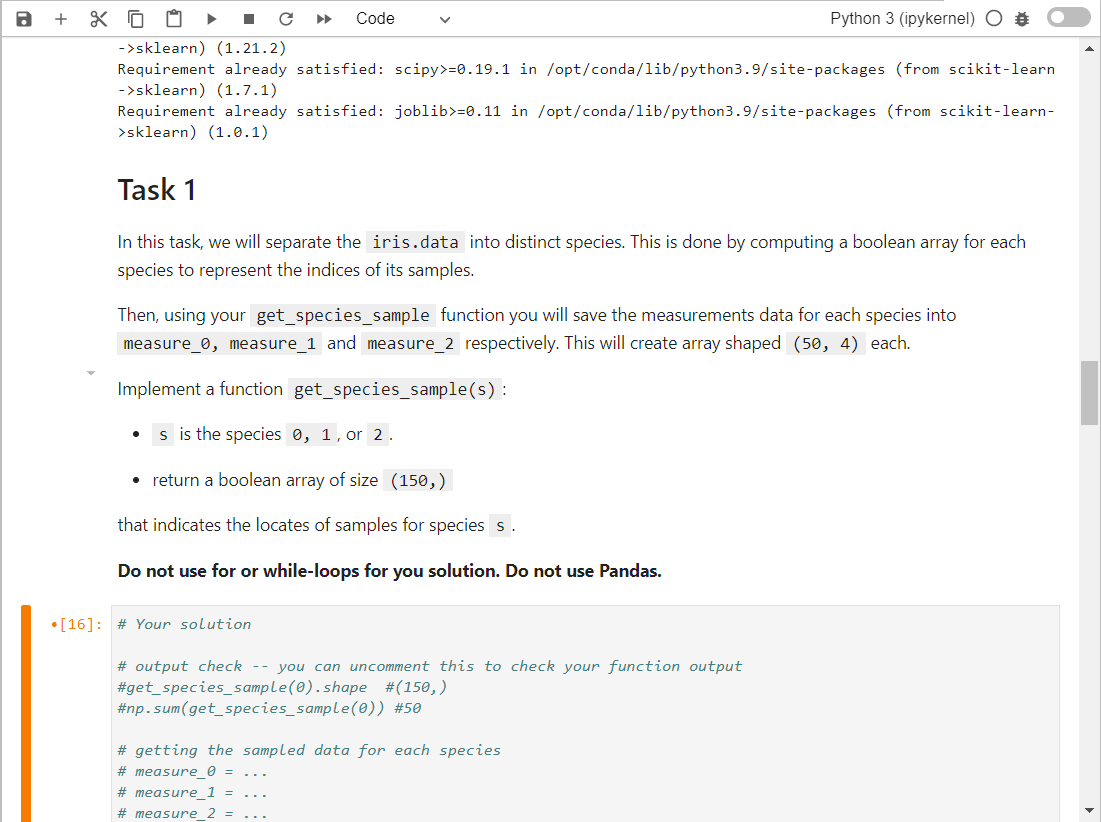 a > + 8 1 c Code Python 3 (ipykernel) O ->sklearn) | Chegg.com