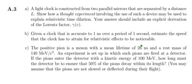 Solved A.3 a) A light clock is constructed from two parallel | Chegg.com