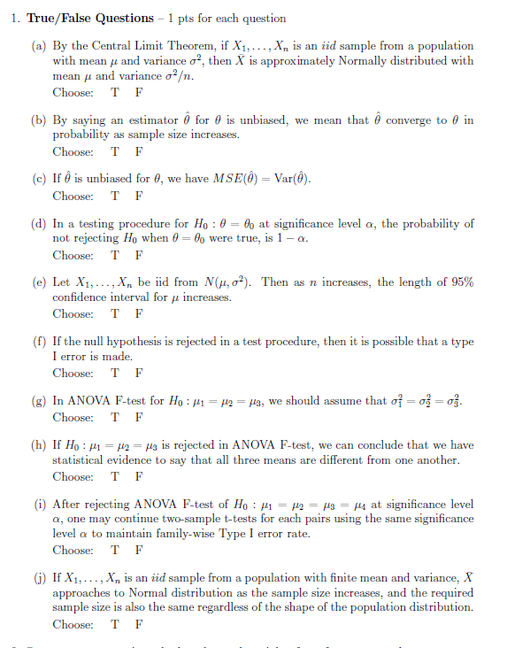 1 True False Questions 1 Pts For Each Question A Chegg Com