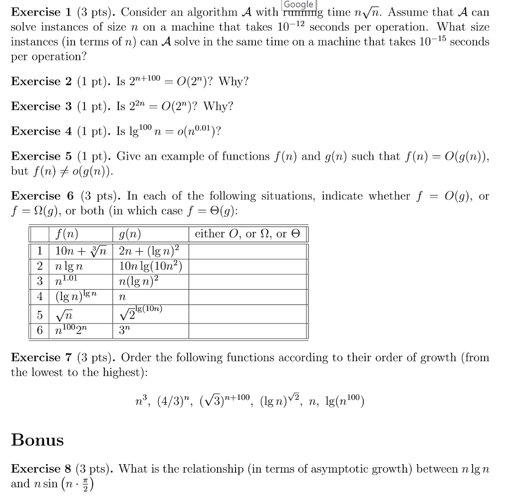 Solved Google Exercise 1 (3 pts). Consider an algorithm A | Chegg.com