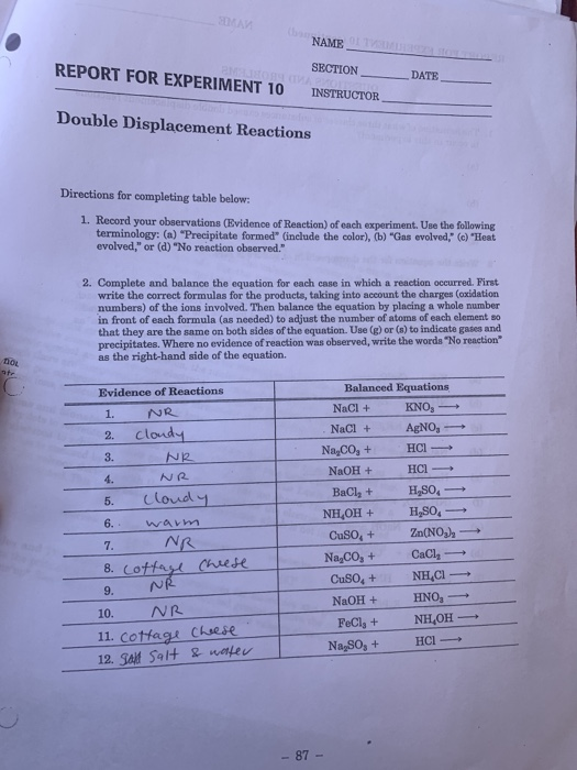 experiment 10 double displacement reactions answers