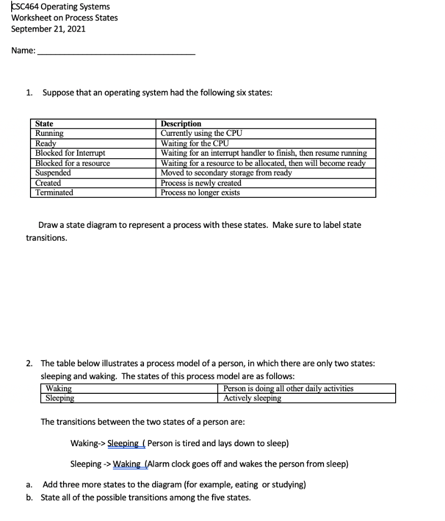 Solved CSC464 Operating Systems Worksheet on Process States