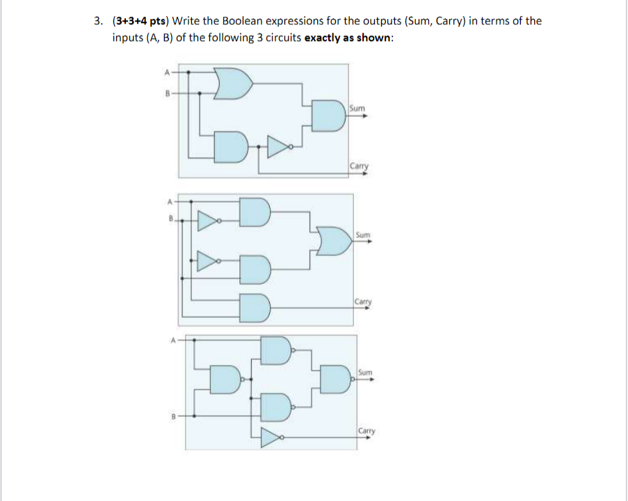 Solved 3. (3+3+4 pts) Write the Boolean expressions for the | Chegg.com