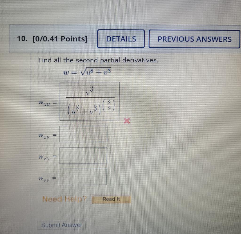 Solved Find all the second partial derivatives. w=u8+t3 | Chegg.com