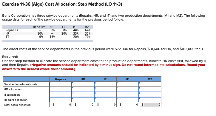 Solved Exercise 11-36 (Algo) Cost Allocation: Step Method | Chegg.com