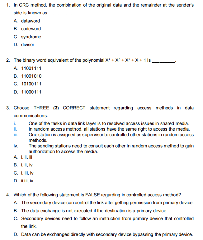 Solved 1. In CRC Method, The Combination Of The Original | Chegg.com