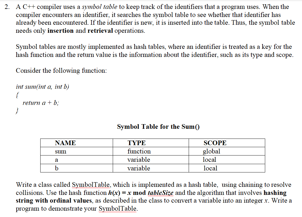 Solved 2. A C++ compiler uses a symbol table to keep track | Chegg.com