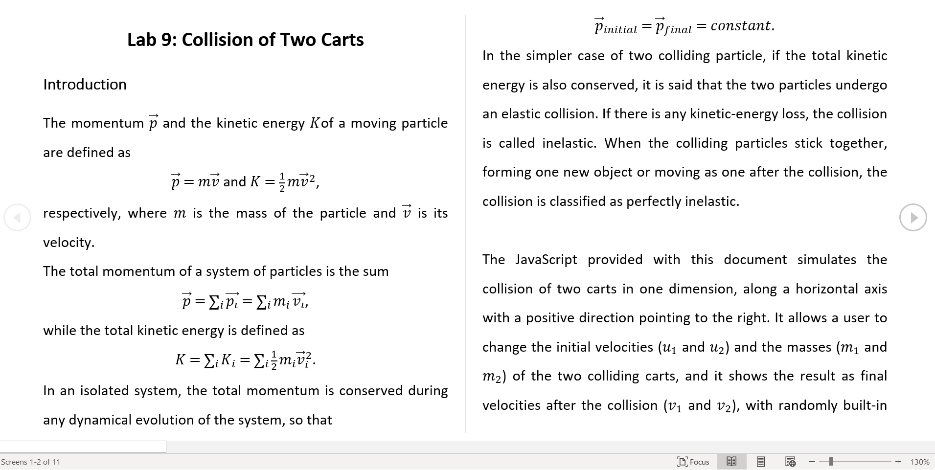 Solved Lab 9 Collision of Two Carts Pinitial = Pfinal =