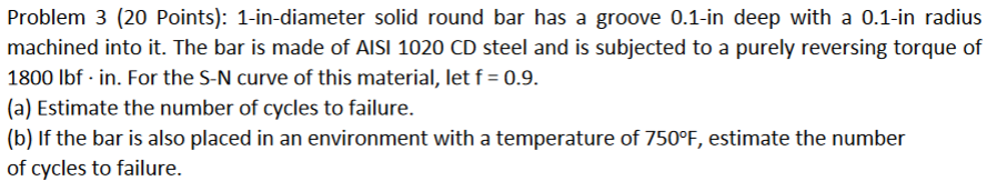 Solved 1-in-diameter solid round bar has a groove 0.1-in | Chegg.com