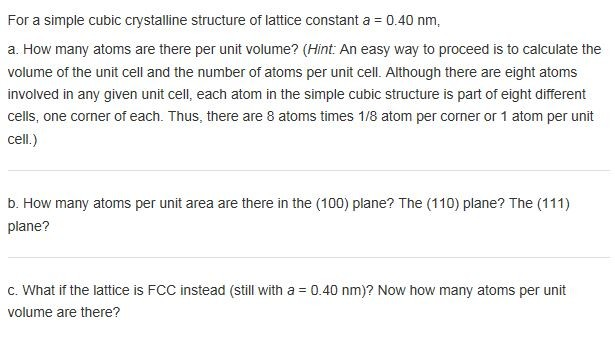 For a simple cubic crystalline structure of lattice | Chegg.com