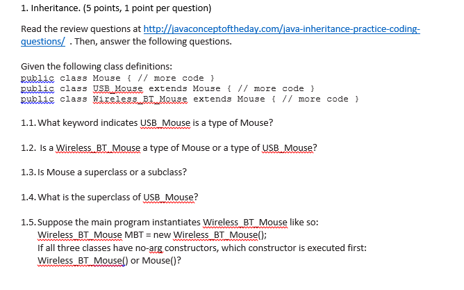 Solved 1. Inheritance. (5 points, 1 point per question) Read | Chegg.com