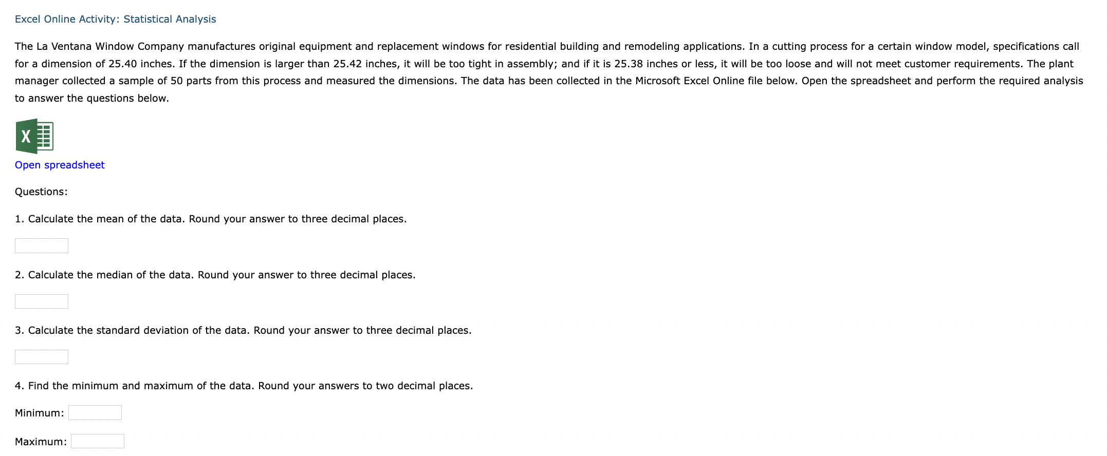 Excel Online Activity: Statistical Analysis to answer | Chegg.com