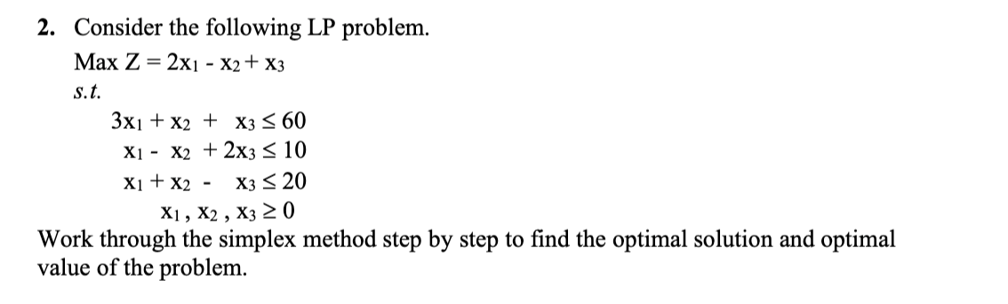 Solved 2. Consider The Following LP Problem. MaxZ=2x1−x2+x3 | Chegg.com