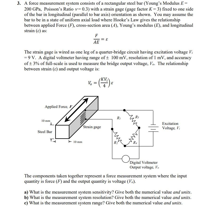 A force measurement system consists of a rectangular steel bar (Youngs Modulus \( E= \) \( 200 \mathrm{GPa} \), Poissons Ra