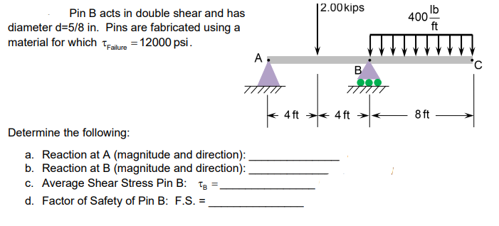 Solved 12.00 Kips 400 B一托 Pin B Acts In Double Shear And Has | Chegg.com