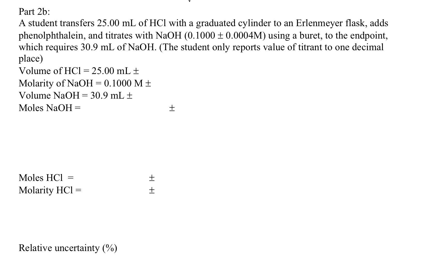 Solved Part 2b: A student transfers 25.00 mL of HCl with a | Chegg.com