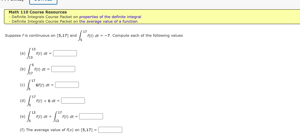 Solved Math 110 Course Resources - Definite Integrals Course | Chegg.com