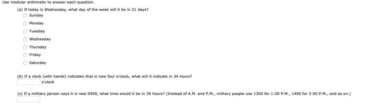 Solved Use modular arithmetic to answer each question. (a) | Chegg.com