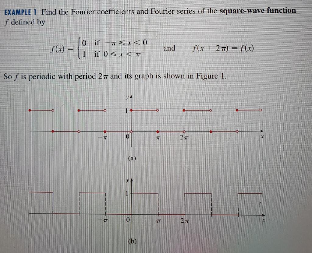 EXAMPLE 1 Find the Fourier coefficients and Fourier series of the square-wave function
f defined by
f(x) =
So if -T<x<0
1 if 