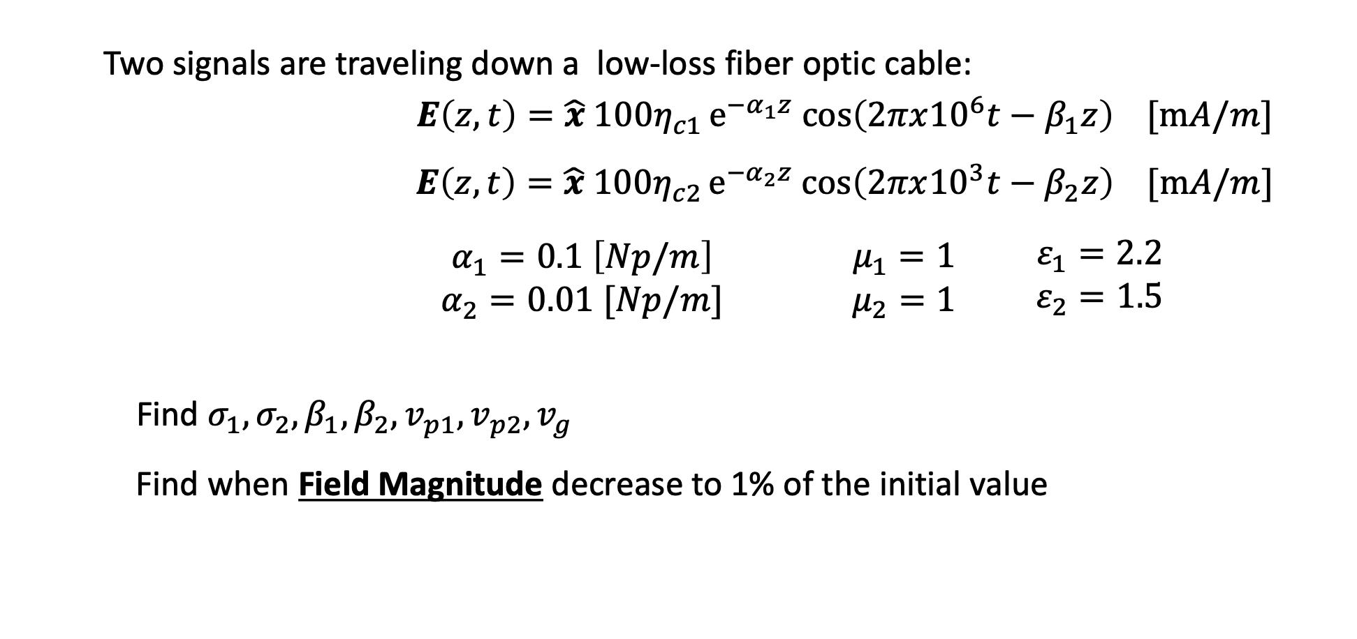 Solved Two Signals Are Traveling Down A Low Loss Fiber Op Chegg Com