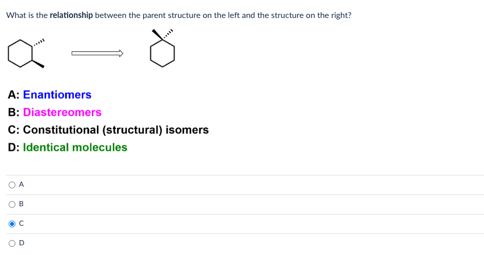 What is the relationship between the parent structure on the left and the structure on the right?
A: Enantiomers
B: Diastereo