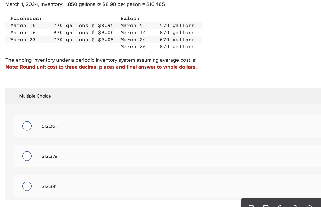 Solved March 1,2024 , inventory 1,850 gallons 8.90 per