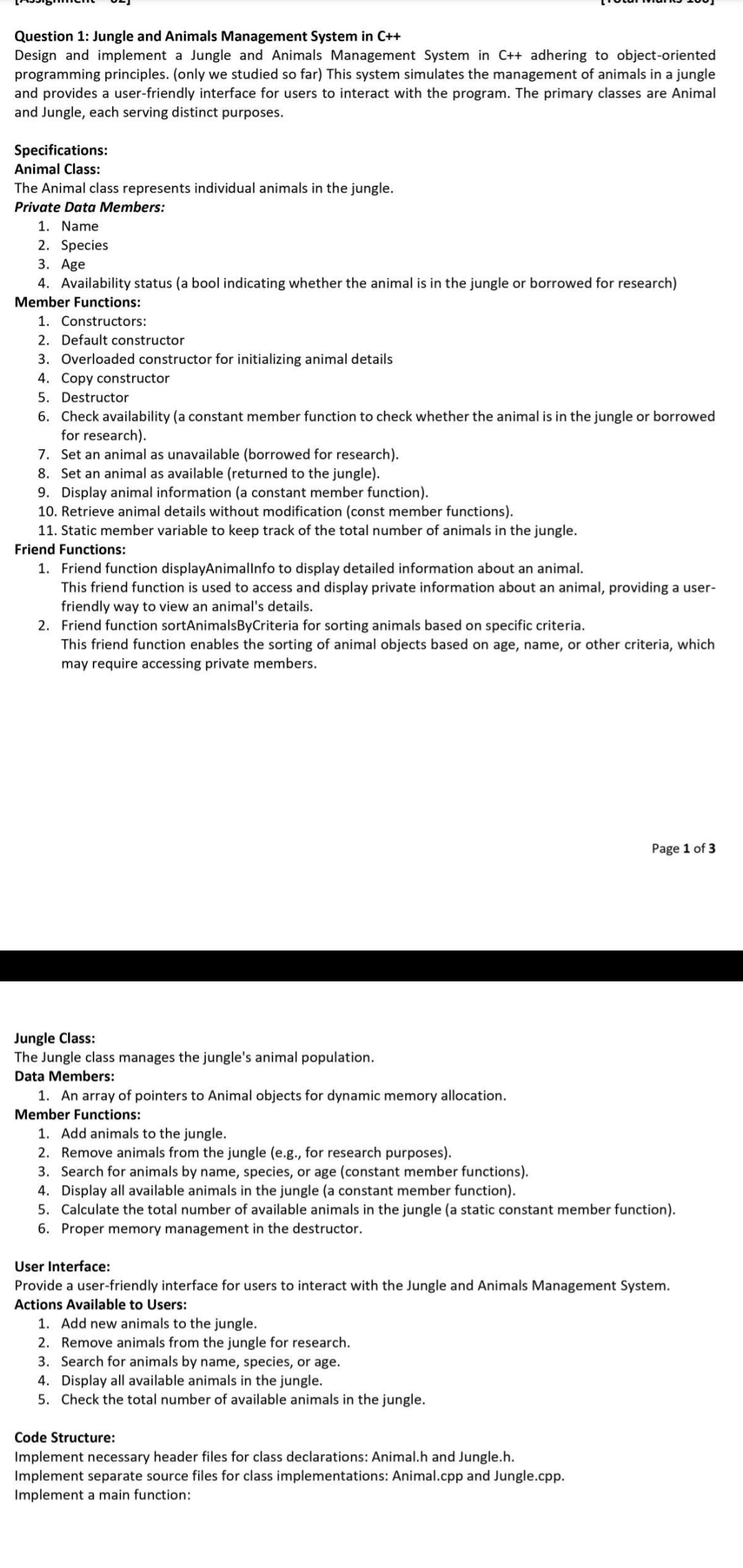 Solved Question 1 Jungle and Animals Management System in