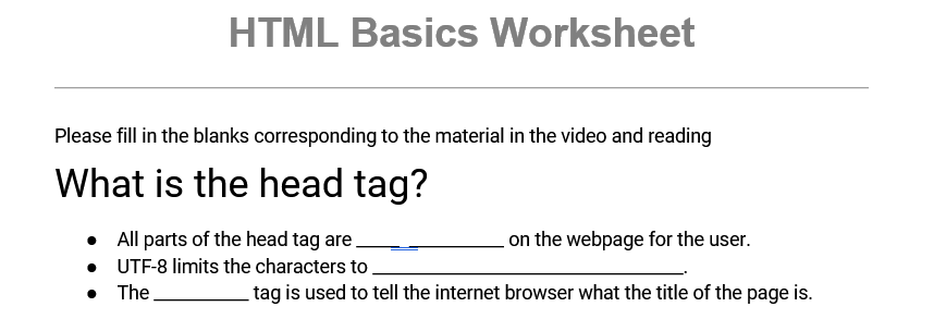 Solved HTML Basics Worksheet Please fill in the blanks | Chegg.com