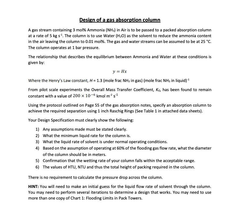 Design of a gas absorption column A gas stream | Chegg.com