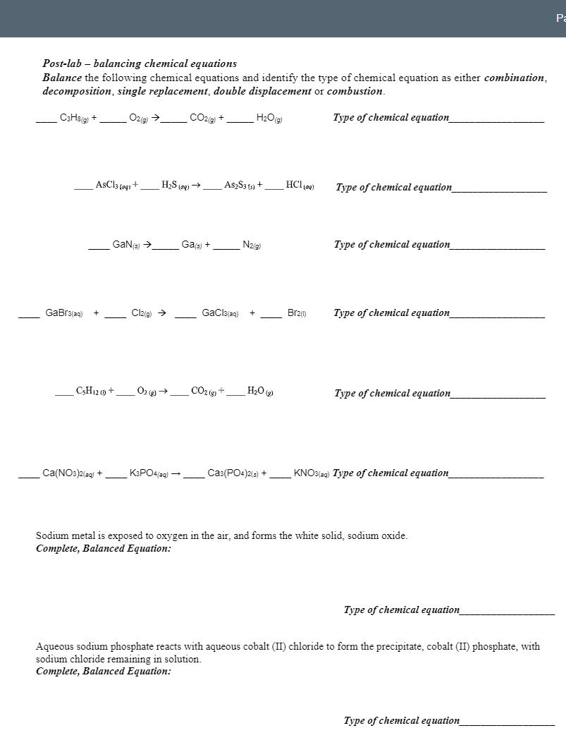 Solved Pa Post-lab - balancing chemical equations Balance | Chegg.com