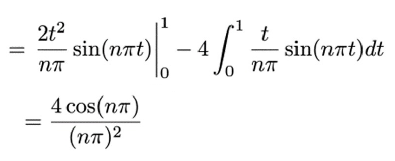 Solved =nπ2t2sin(nπt)∣∣01−4∫01nπtsin(nπt)dt=(nπ)24cos(nπ) | Chegg.com