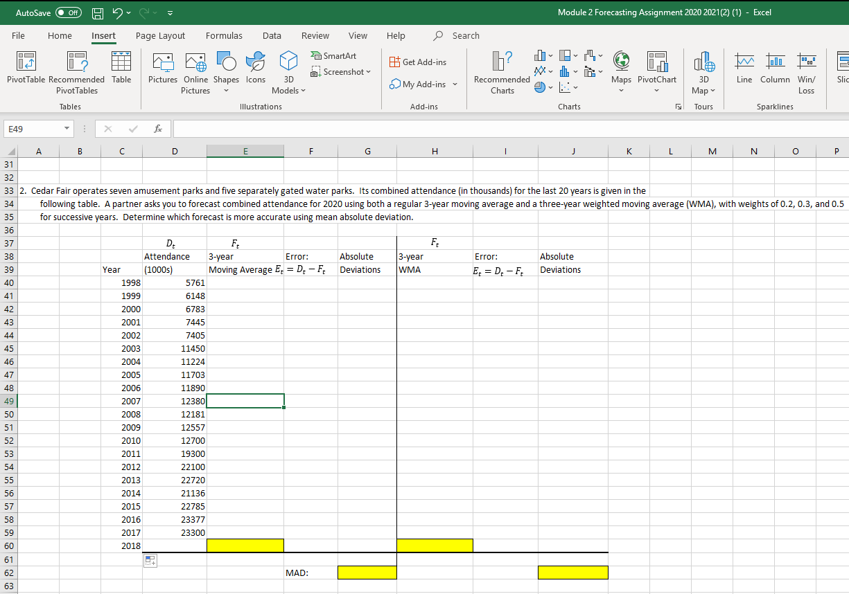 Solved AutoSave Off HI Module 2 Forecasting Assignment 2020 | Chegg.com