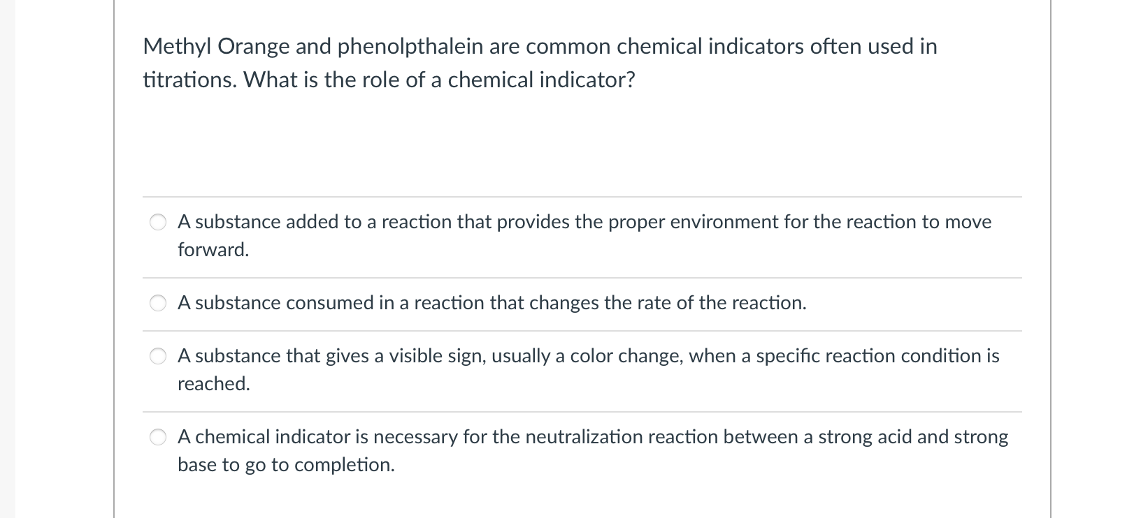 Methyl Orange and phenolpthalein are common chemical indicators often used in titrations. What is the role of a chemical indi