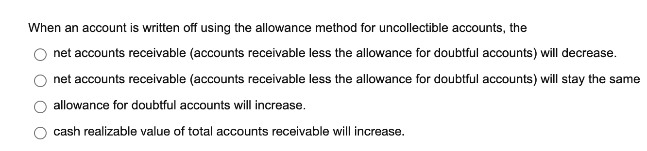 Solved When an account is written off using the allowance | Chegg.com