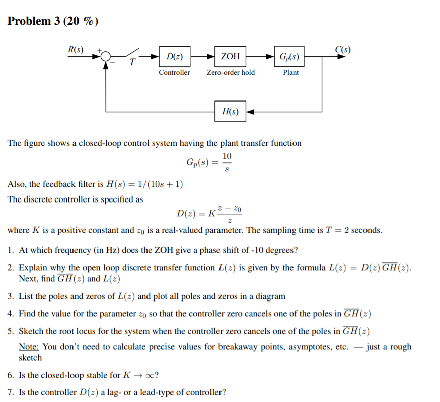 Solved Problem 3 (20 %) ZOH Gps) D(2) Controller Zero-order | Chegg.com