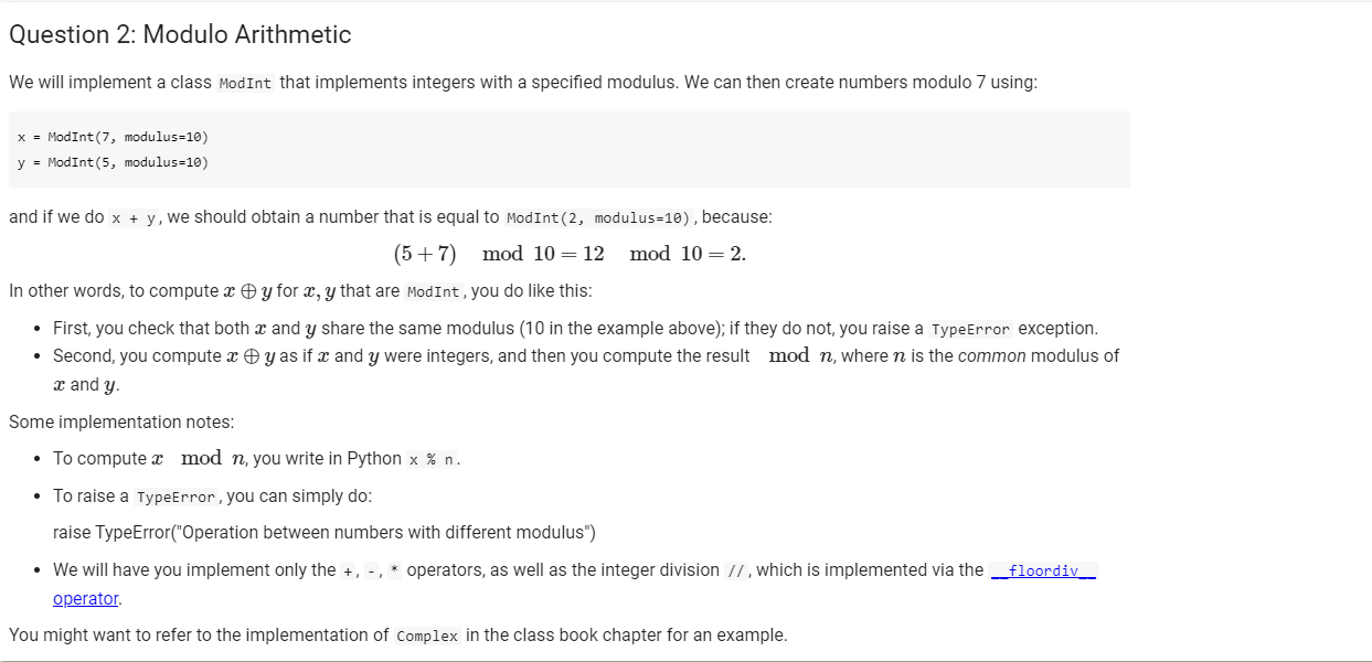 Solved Question 2: Modulo Arithmetic We will implement a | Chegg.com