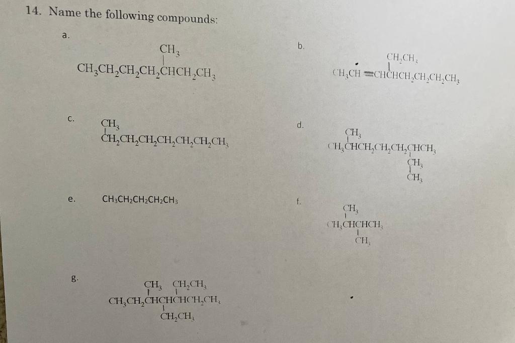 Solved 14. Name the following compounds: a. b. C. d. e. | Chegg.com