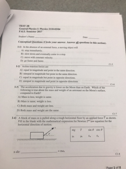 Solved TEST 2B General Physics I: Physies 2110-03/94 FALL | Chegg.com