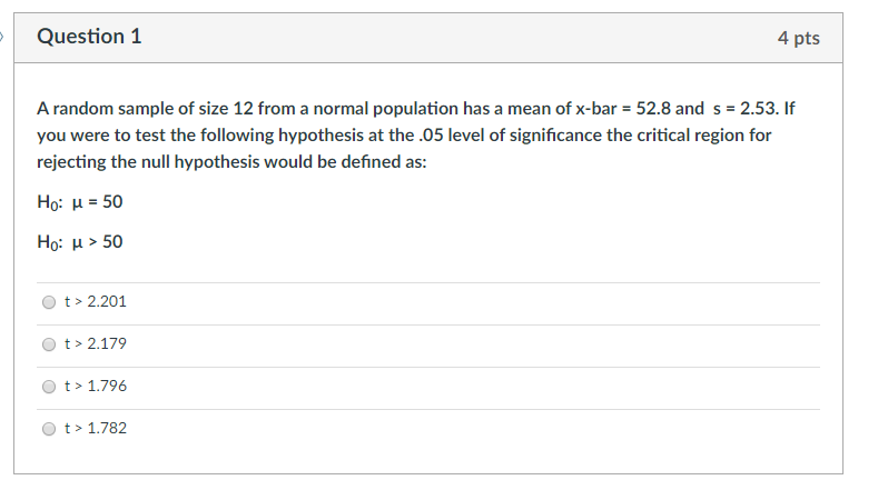 Solved Question 1 4 pts A random sample of size 12 from a | Chegg.com