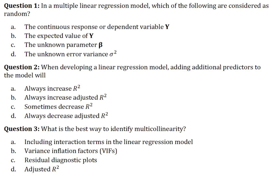 Solved Question 1: In a multiple linear regression model, | Chegg.com