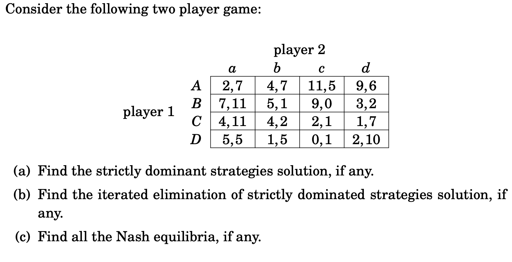 Solved Consider The Following Two Player Game: A с D Player | Chegg.com