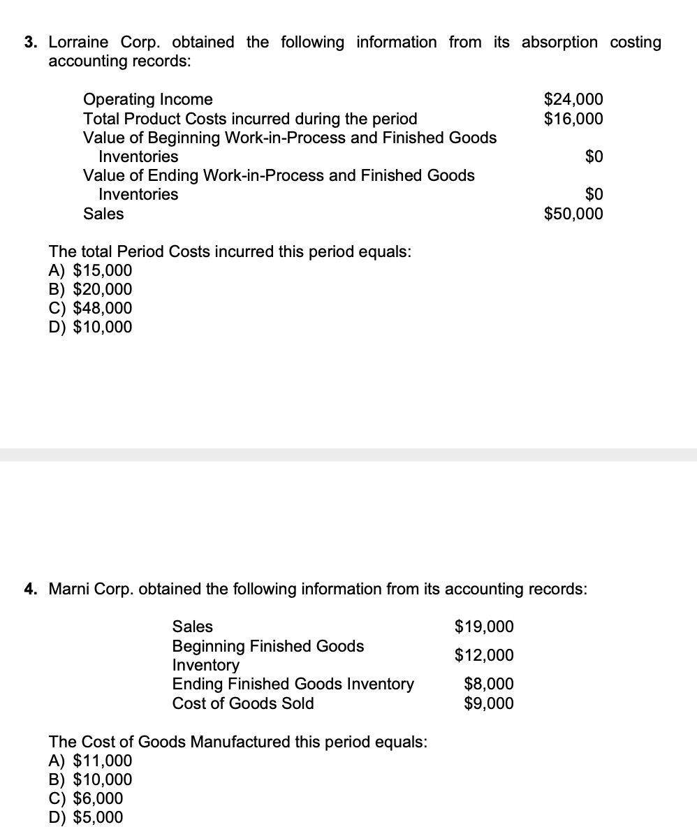 Solved its absorption costing 3. Lorraine Corp. obtained the