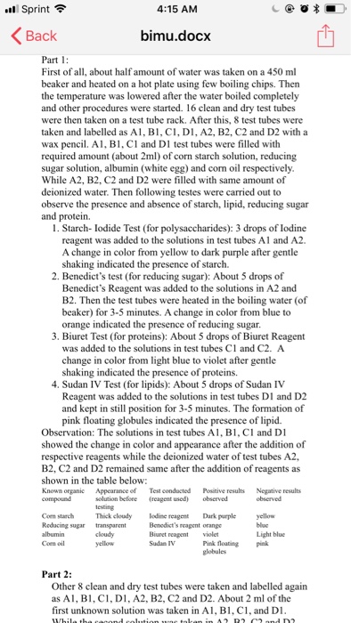 Solved Sprint? 4:14 AM bimu.docx Biology 1406 Lab report 1: | Chegg.com